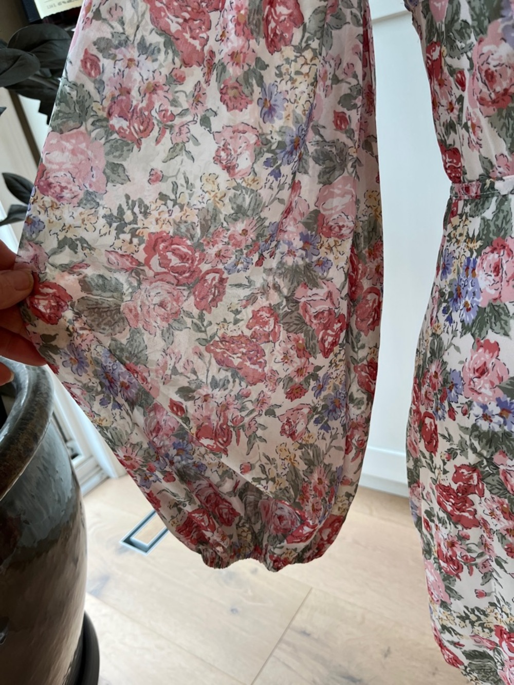 Sabo Floral Puff-Sleeve Mini Dress Cream Rose Green Purple designed in Australia - Picture 7 of 13